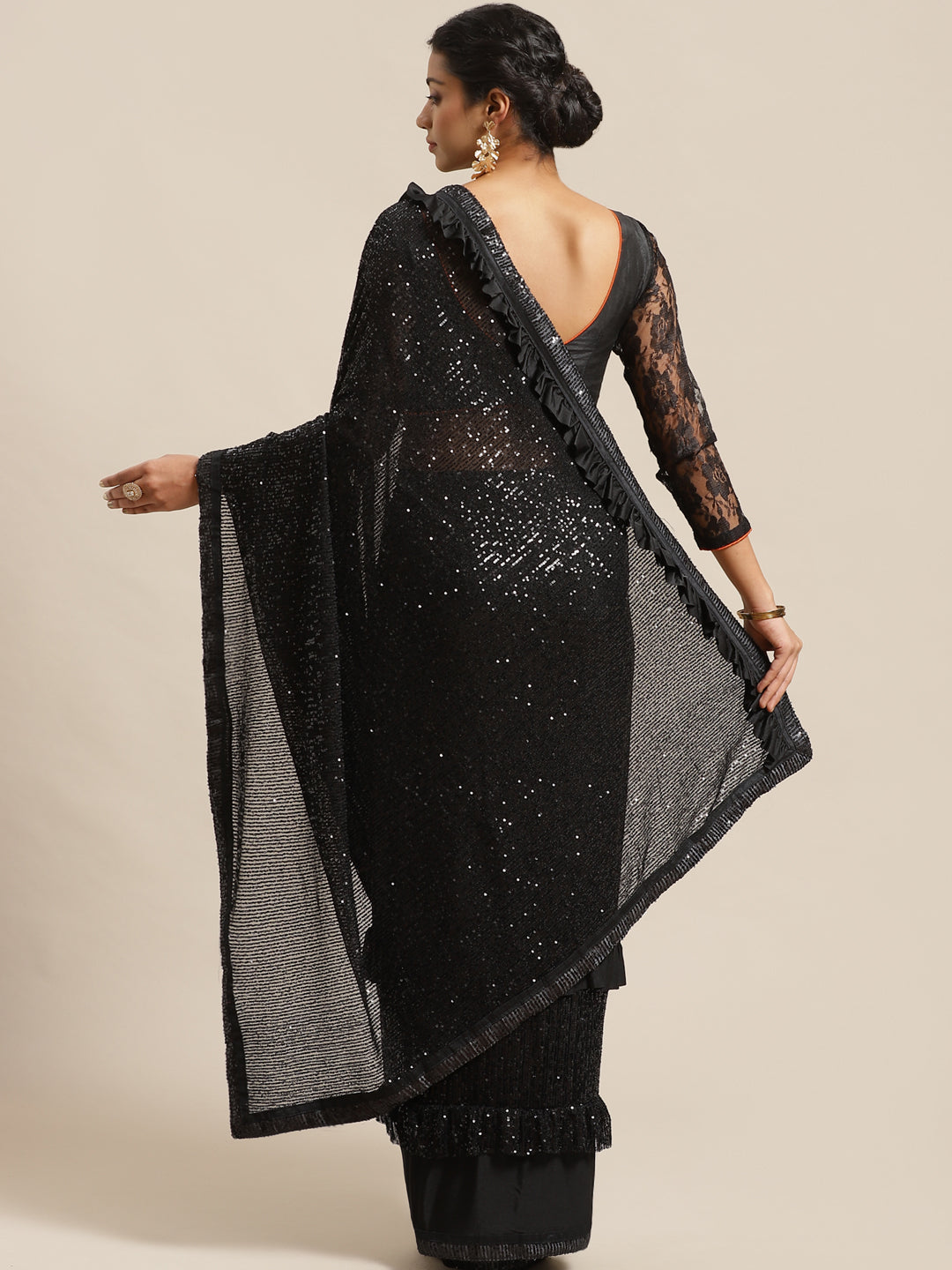 Bling Lycra Sequinned Saree with Stylish Panels & Sequence Embroidery