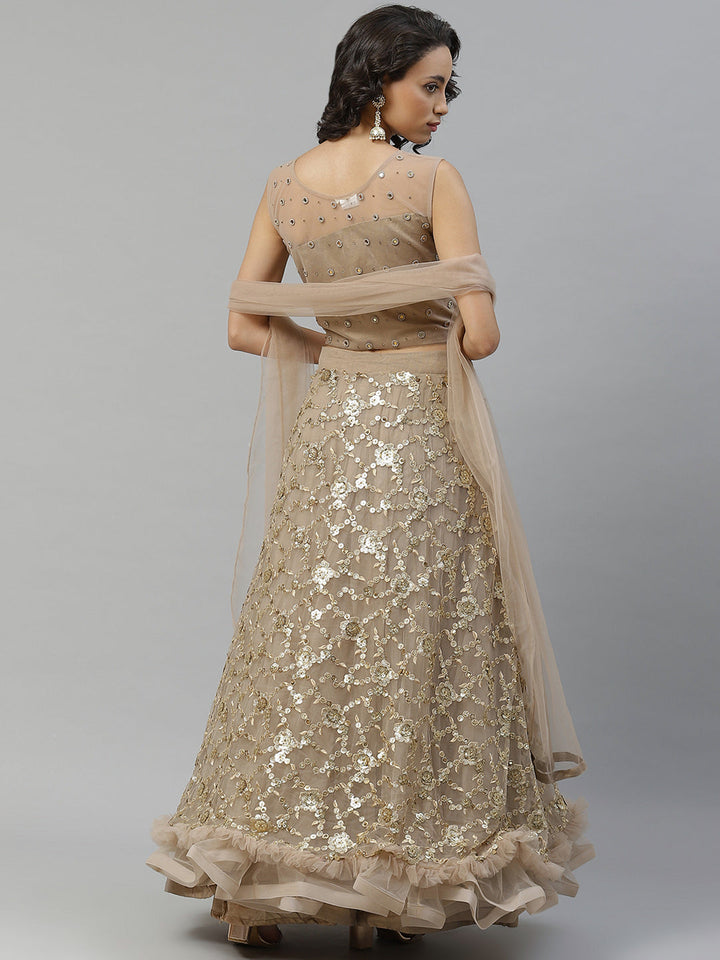 Made to Measure Gold Frills & Layers Lehenga Set With Mirror & Sequence Embroidery