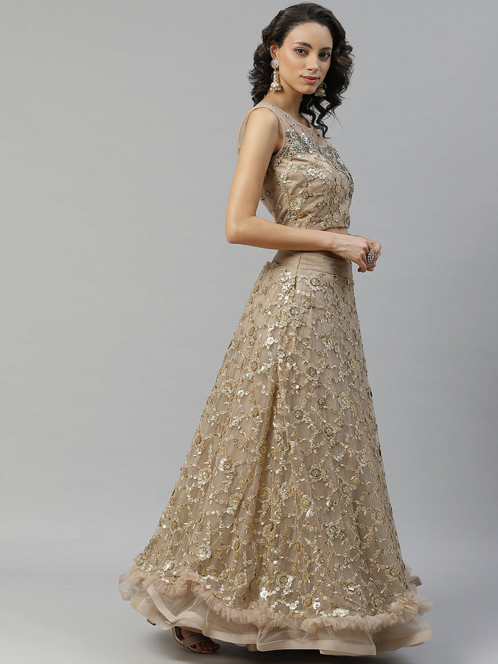 Made to Measure Gold Frills & Layers Lehenga Set With Mirror & Sequence Embroidery
