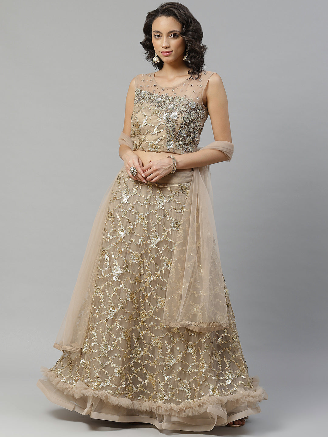 Made to Measure Gold Frills & Layers Lehenga Set With Mirror & Sequence Embroidery
