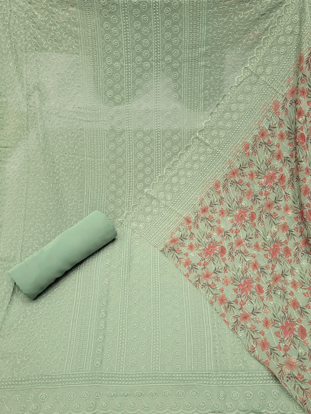 Chikankari Schiffli Embroidery Suit with Sequin Embellishment & Digital Print Dupatta