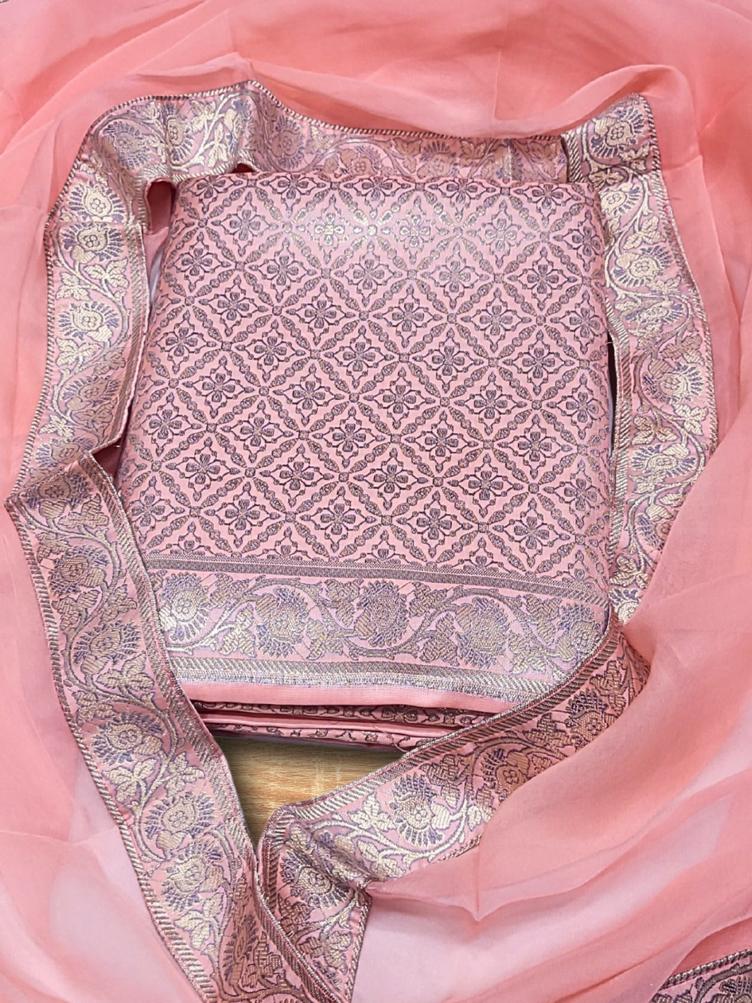 Banarasi Brocade Unstitched Suit Dupatta with Flowy Chiffon Dupatta & Intricate weaving
