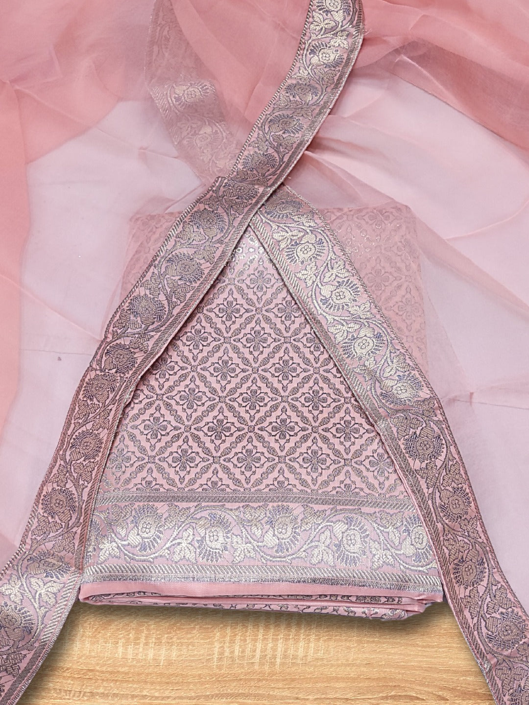 Banarasi Brocade Unstitched Suit Dupatta with Flowy Chiffon Dupatta & Intricate weaving