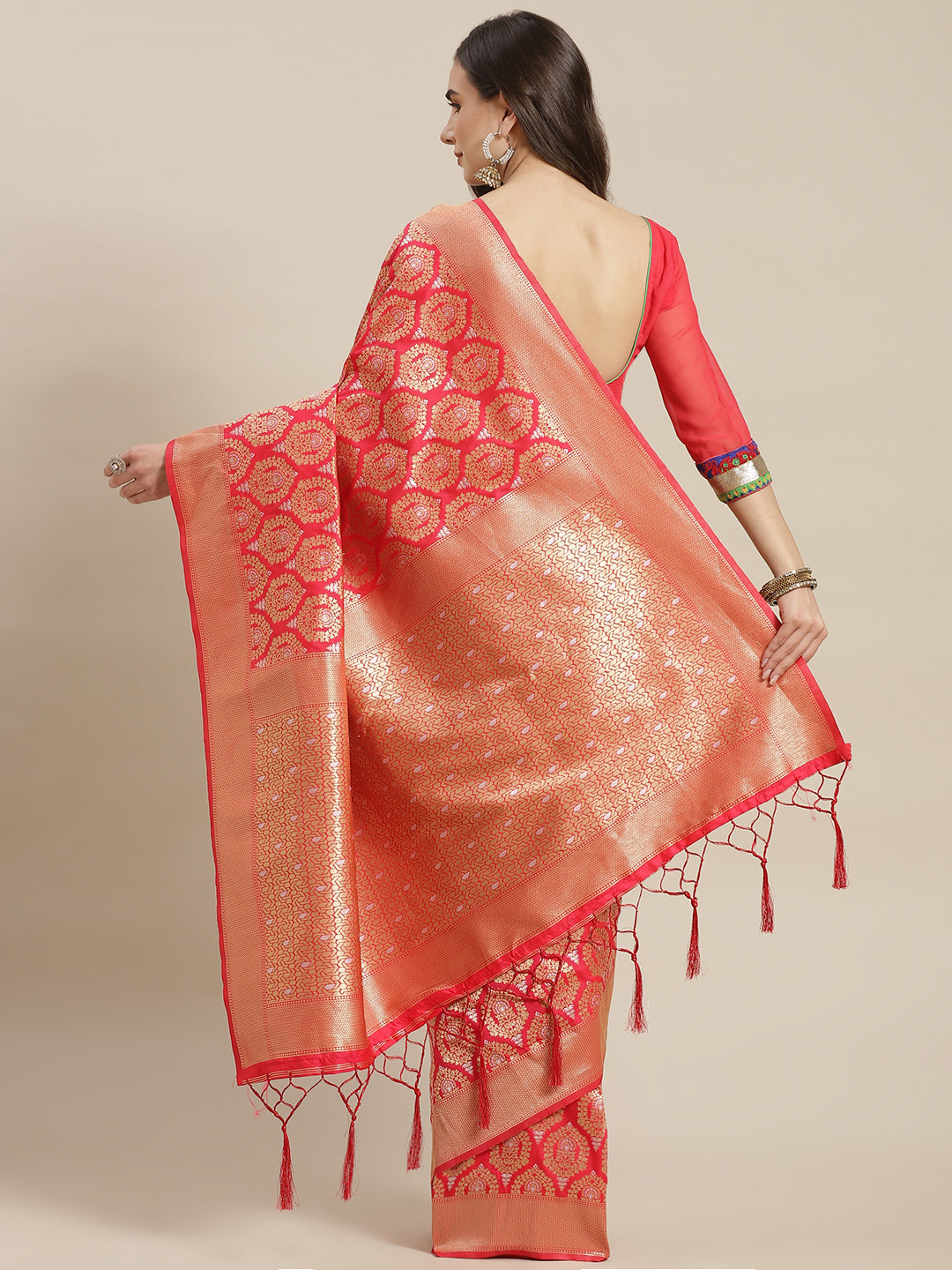 Coral Traditional Banarasi saree with Gold & Silver Zari Mughal motifs