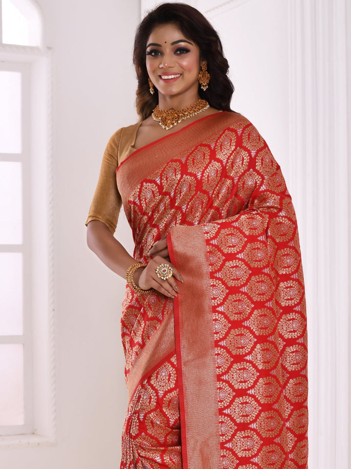 Coral Ethnic Motifs Zari Silk Blend Banarasi Saree