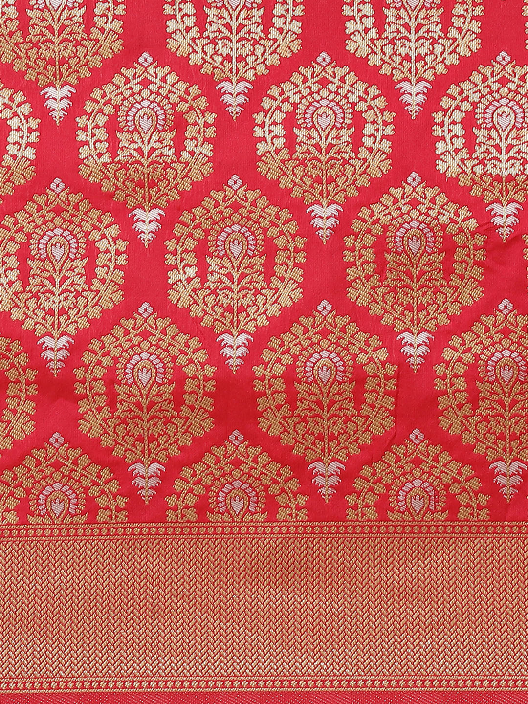 Coral Traditional Banarasi saree with Gold & Silver Zari Mughal motifs