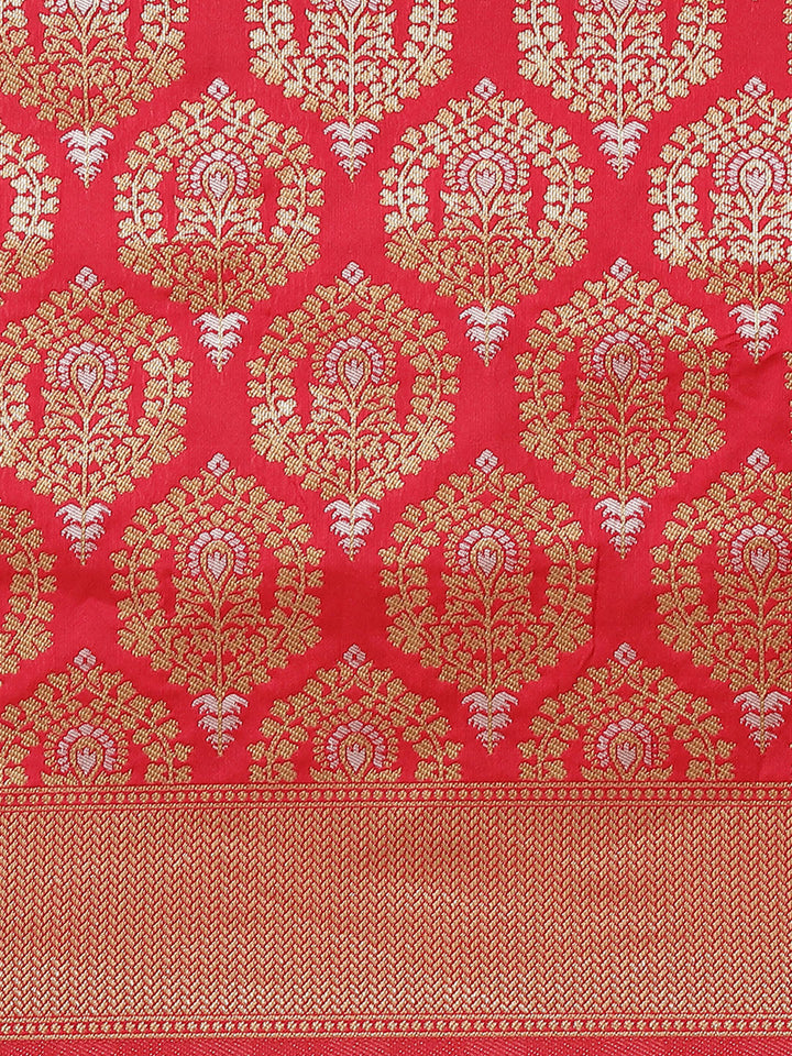 Coral Traditional Banarasi saree with Gold & Silver Zari Mughal motifs