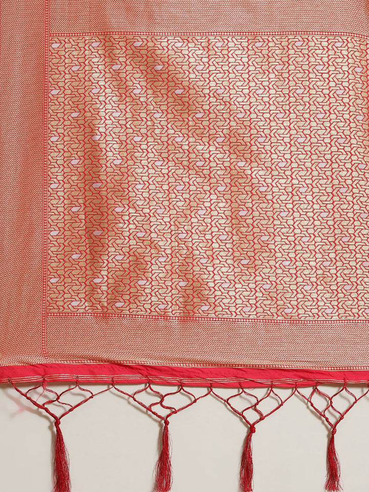 Coral Traditional Banarasi saree with Gold & Silver Zari Mughal motifs