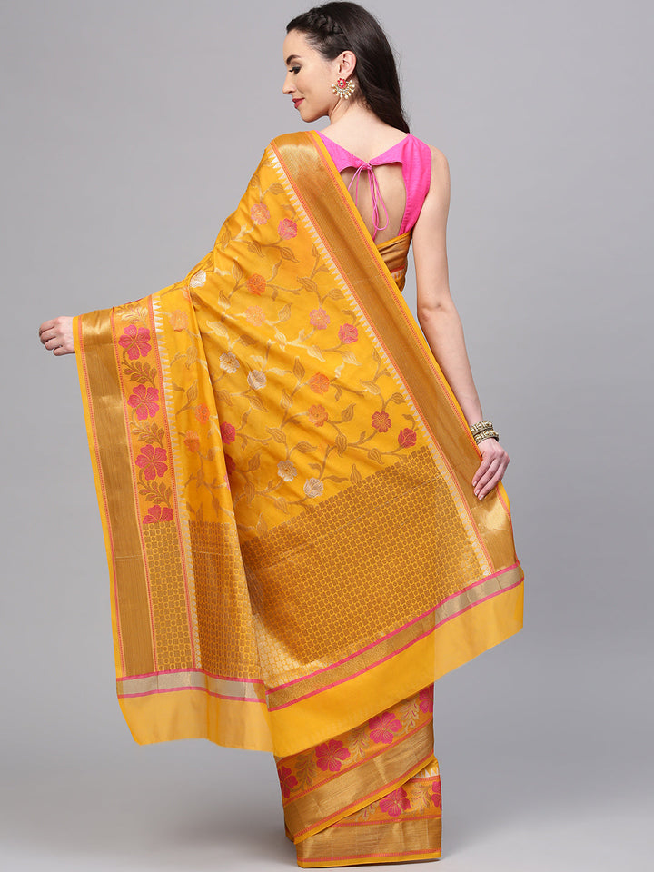 Chanderi Banarasi Silk saree with Zari and Resham Woven Flowers