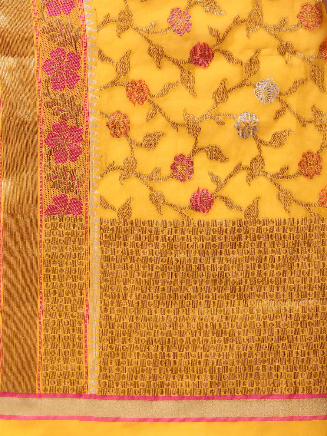 Chanderi Banarasi Silk saree with Zari and Resham Woven Flowers