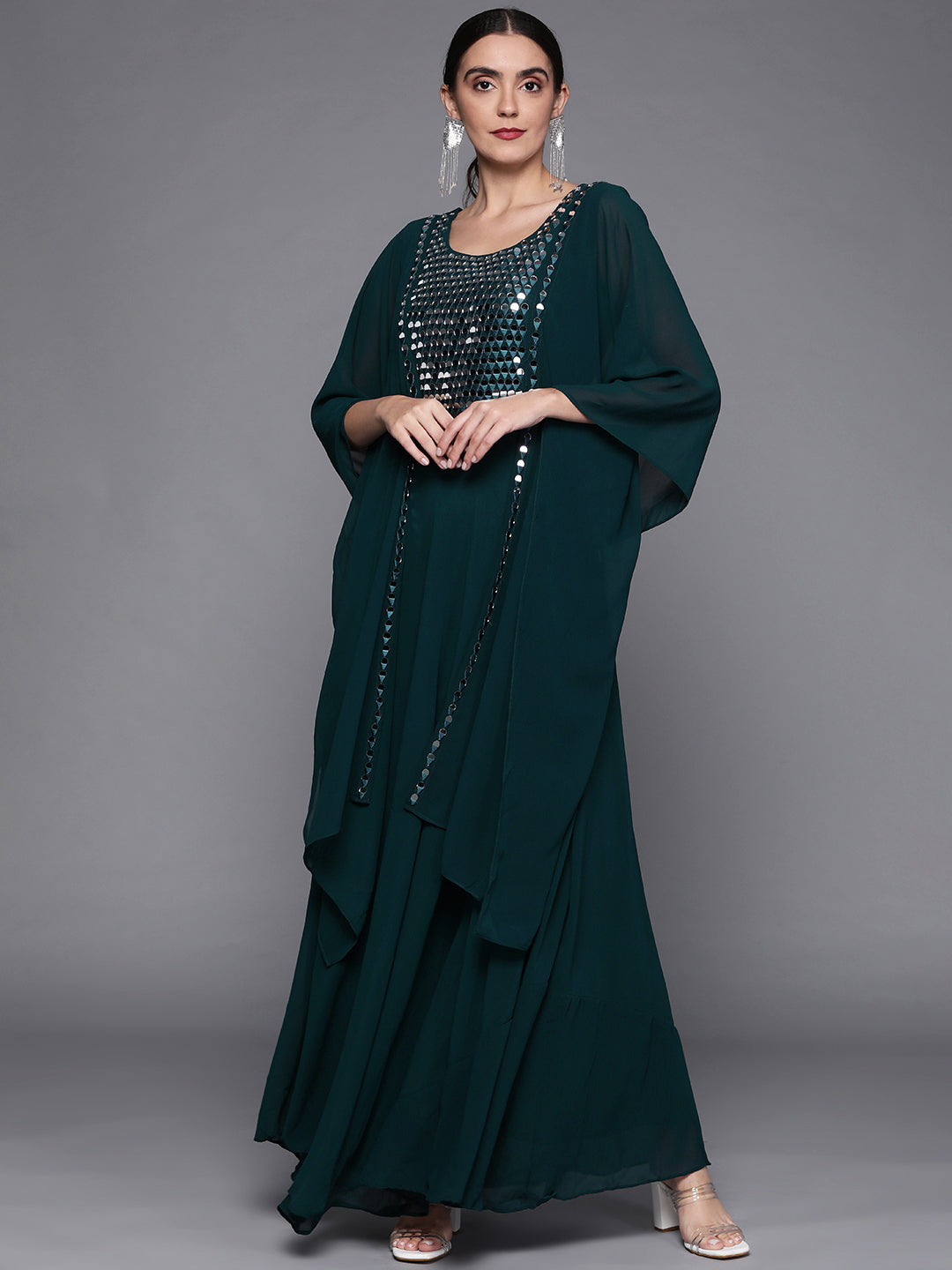 Made to Measure Teal Mirror Work Embellished Layered Dress with Attached Cape