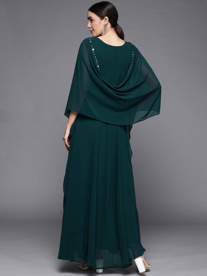 Made to Measure Teal Mirror Work Embellished Layered Dress with Attached Cape