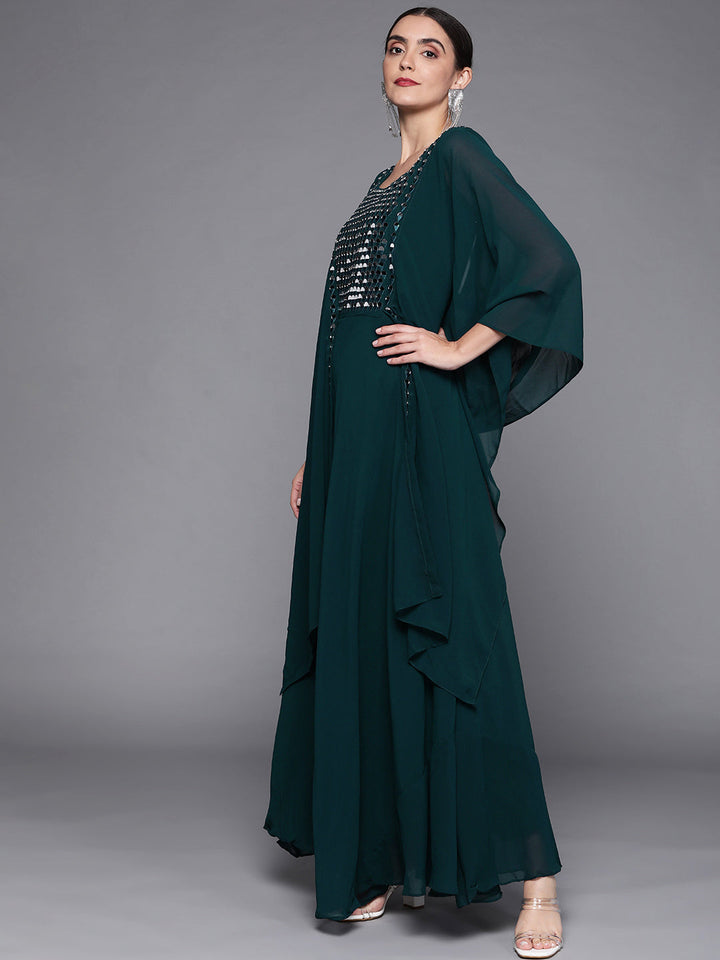 Made to Measure Teal Mirror Work Embellished Layered Dress with Attached Cape