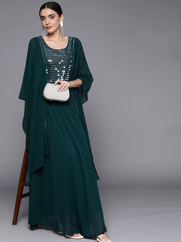 Made to Measure Teal Mirror Work Embellished Layered Dress with Attached Cape