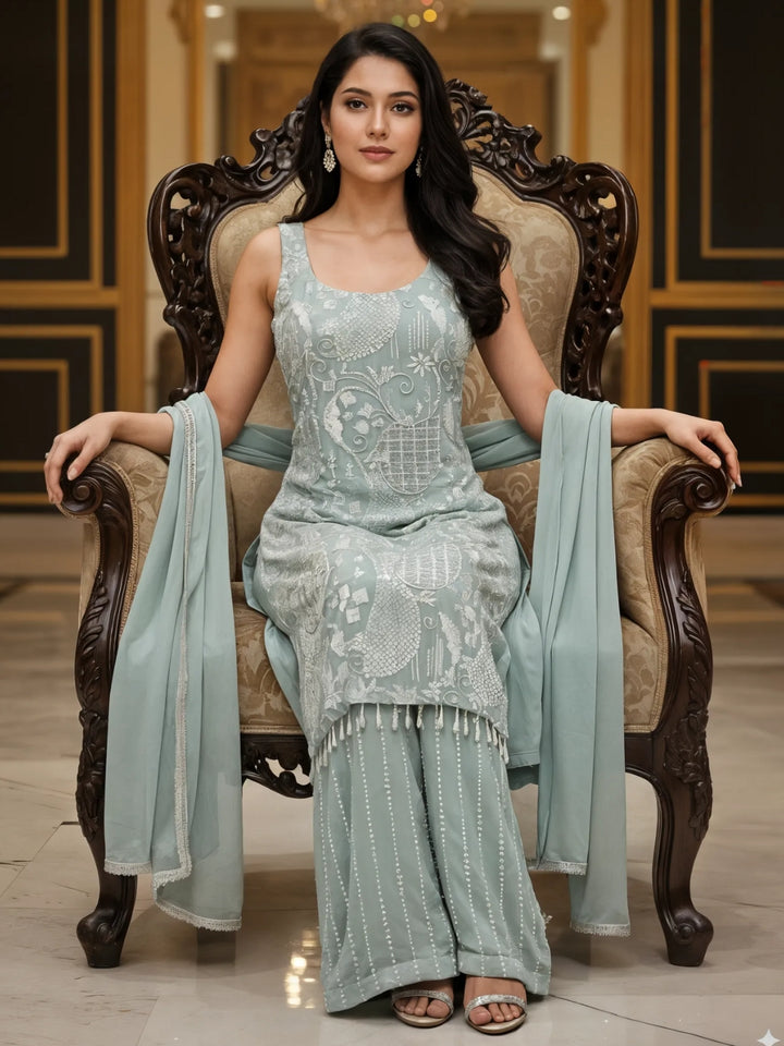 Sequin & Cut-dana Embroidered Georgette Kurta Set with Tasseled Hemline & Palazzo