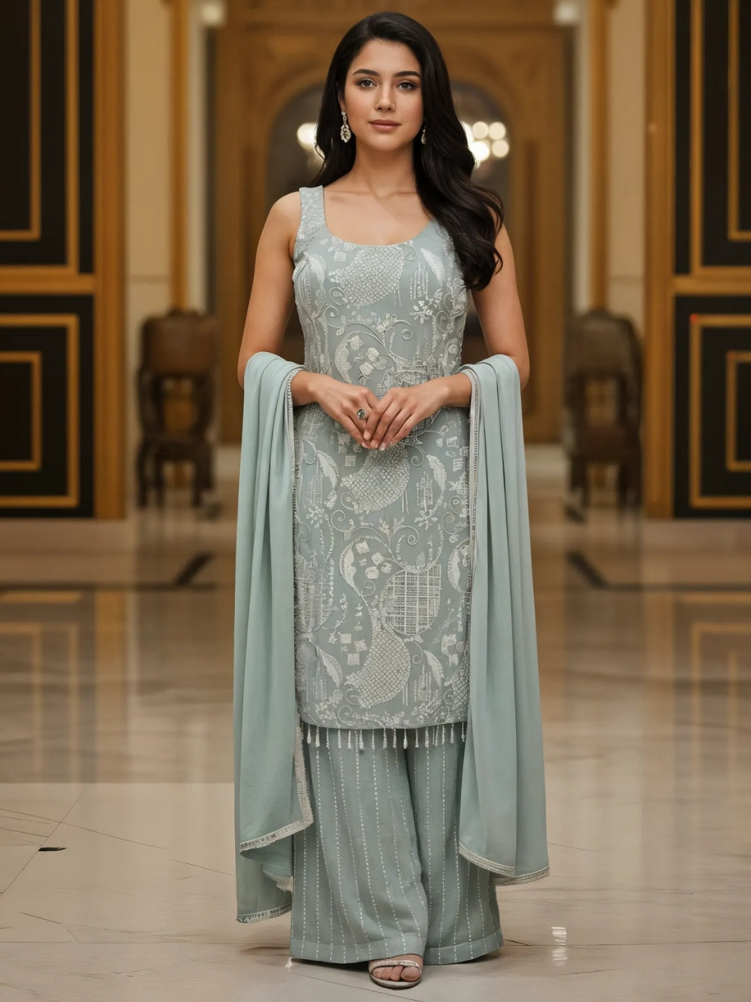 Sequin & Cut-dana Embroidered Georgette Kurta Set with Tasseled Hemline & Palazzo