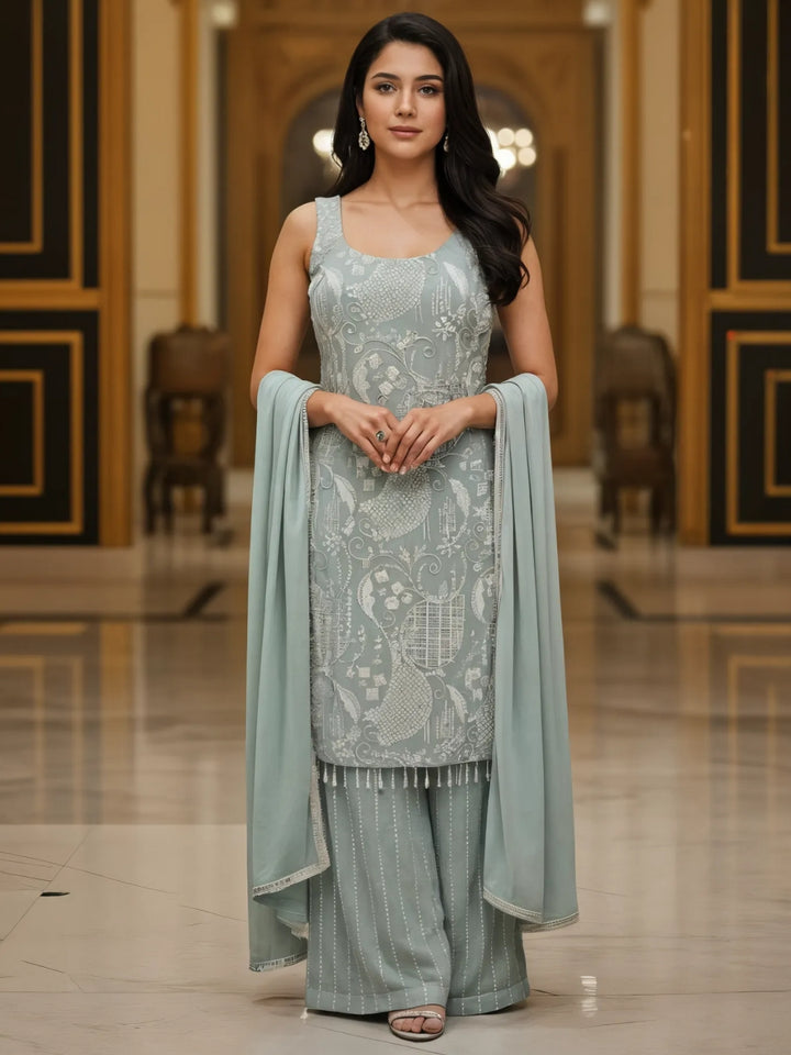 Sequin & Cut-dana Embroidered Georgette Kurta Set with Tasseled Hemline & Palazzo