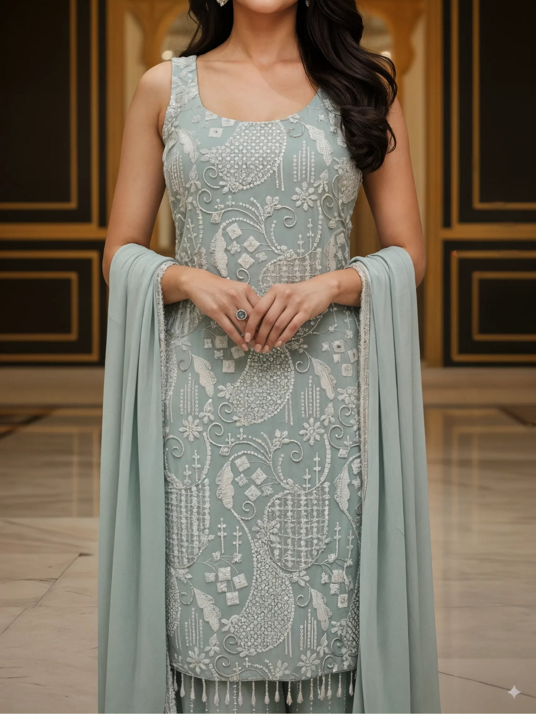 Sequin & Cut-dana Embroidered Georgette Kurta Set with Tasseled Hemline & Palazzo