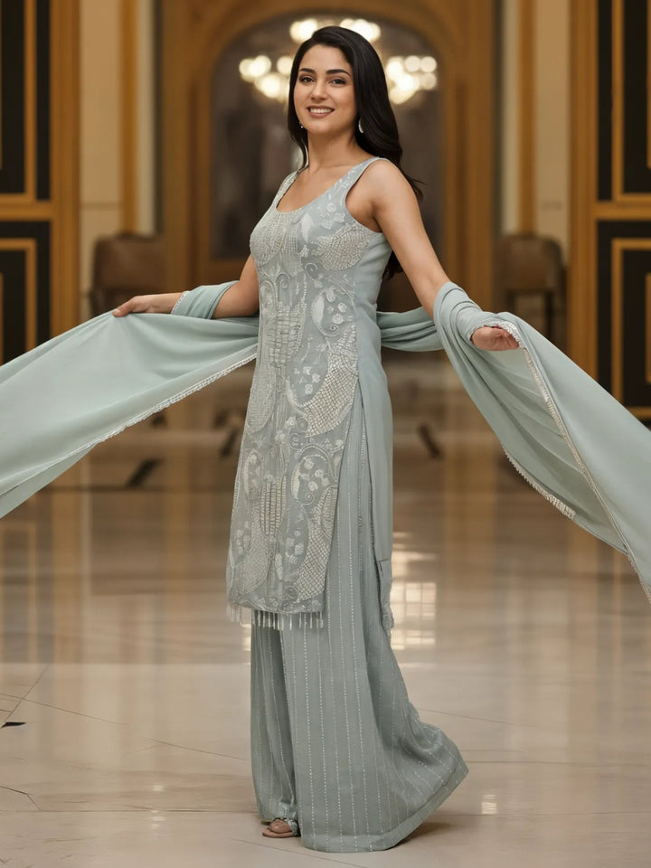Sequin & Cut-dana Embroidered Georgette Kurta Set with Tasseled Hemline & Palazzo