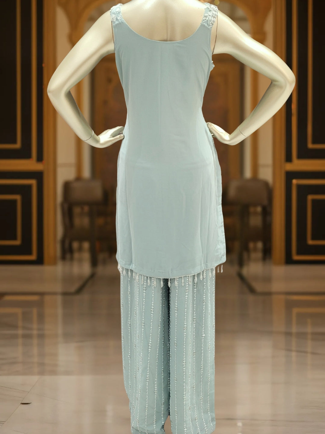 Sequin & Cut-dana Embroidered Georgette Kurta Set with Tasseled Hemline & Palazzo