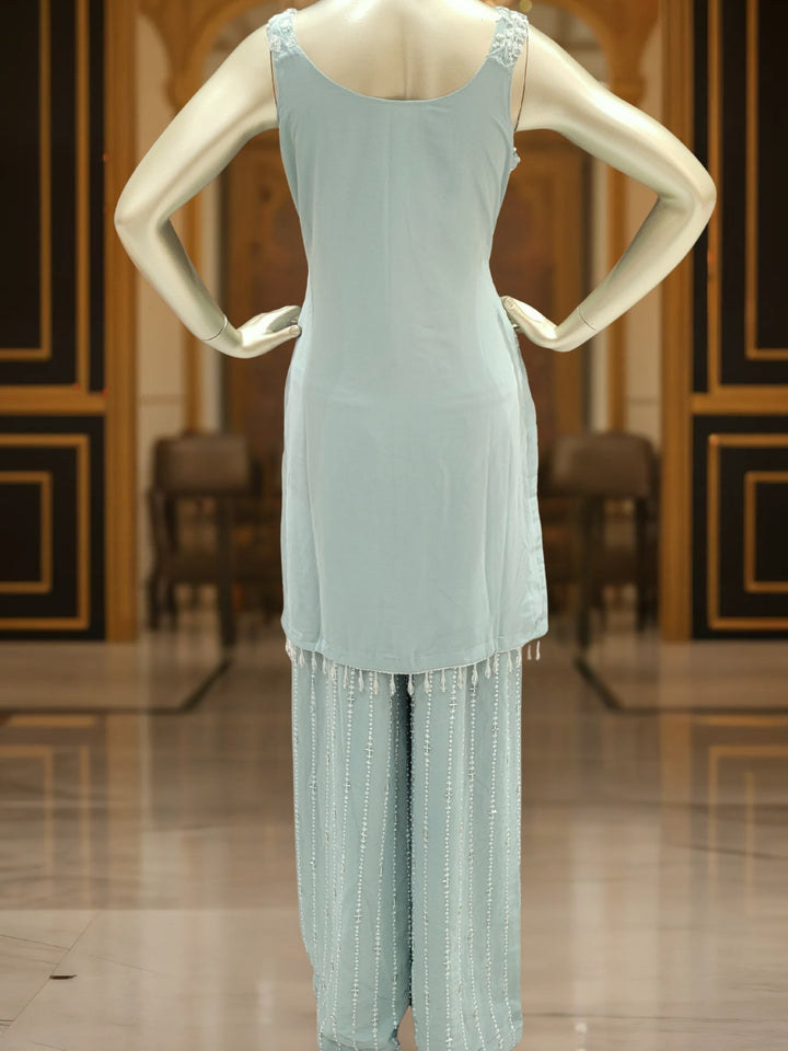 Sequin & Cut-dana Embroidered Georgette Kurta Set with Tasseled Hemline & Palazzo