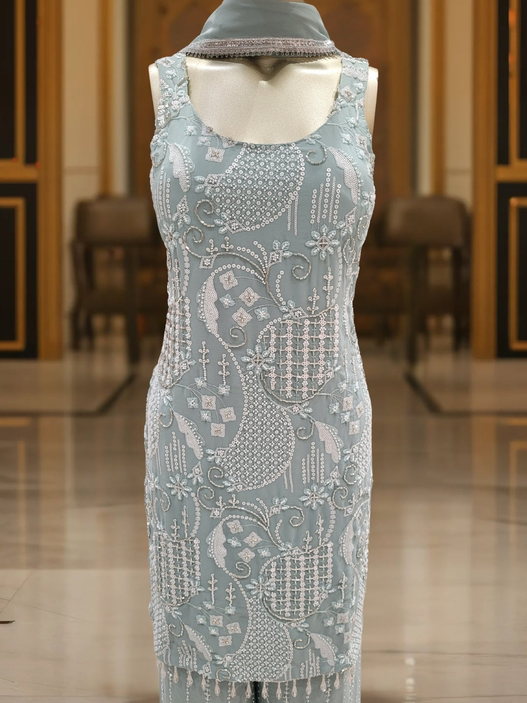 Sequin & Cut-dana Embroidered Georgette Kurta Set with Tasseled Hemline & Palazzo