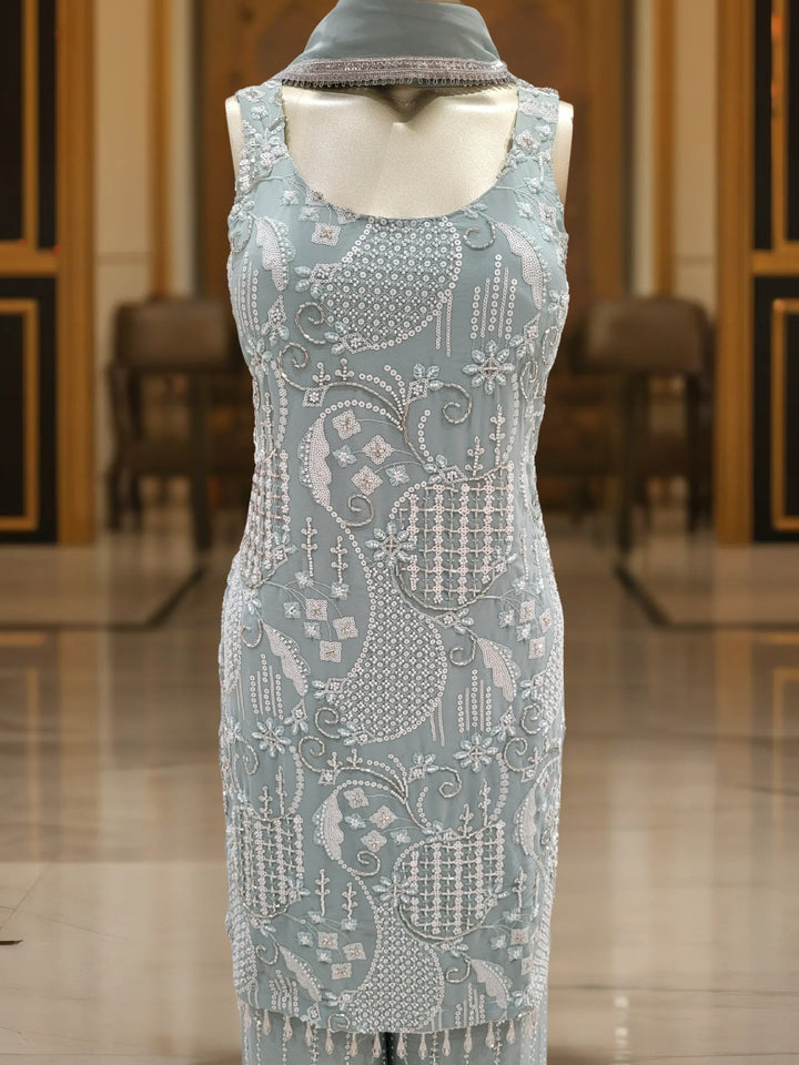 Sequin & Cut-dana Embroidered Georgette Kurta Set with Tasseled Hemline & Palazzo