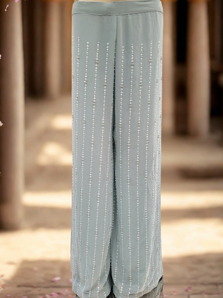 Sequin & Cut-dana Embroidered Georgette Kurta Set with Tasseled Hemline & Palazzo