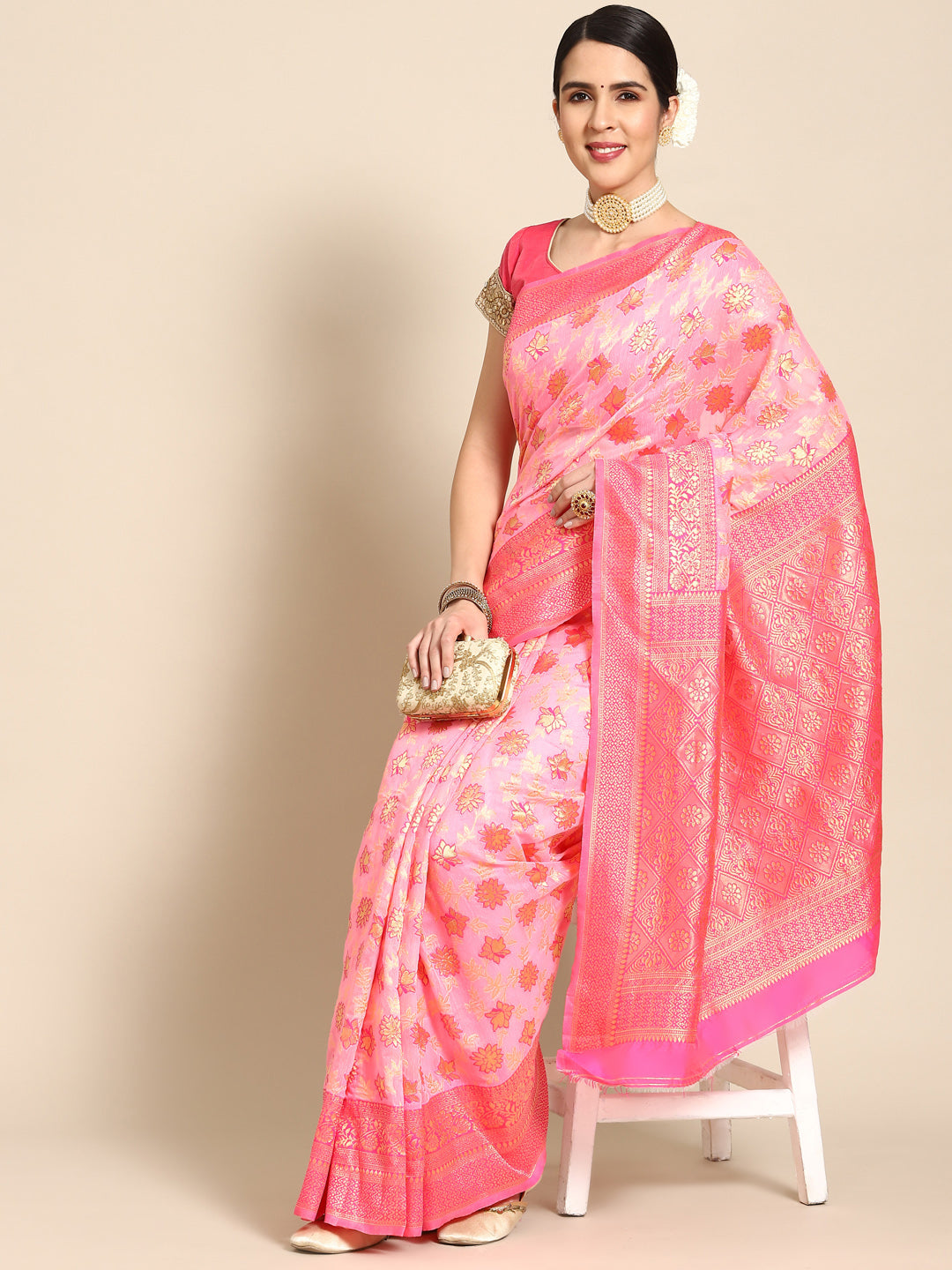 Coral Banarasi Floral Woven Silk Saree & Contrast Blue Border Blouse