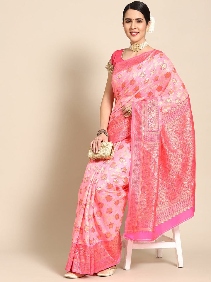 Coral Banarasi Floral Woven Silk Saree & Contrast Blue Border Blouse