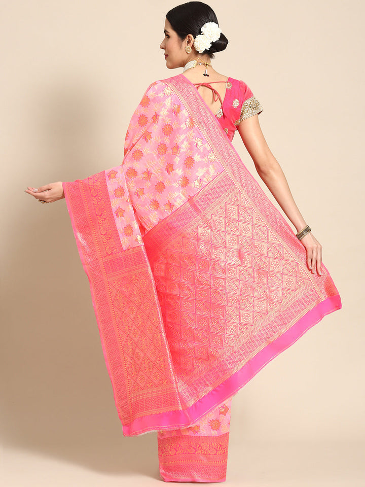 Coral Banarasi Floral Woven Silk Saree & Contrast Blue Border Blouse
