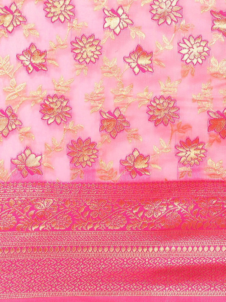 Coral Banarasi Floral Woven Silk Saree & Contrast Blue Border Blouse