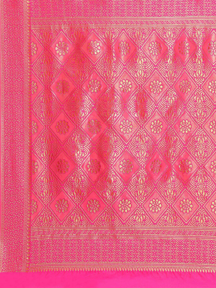 Coral Banarasi Floral Woven Silk Saree & Contrast Blue Border Blouse
