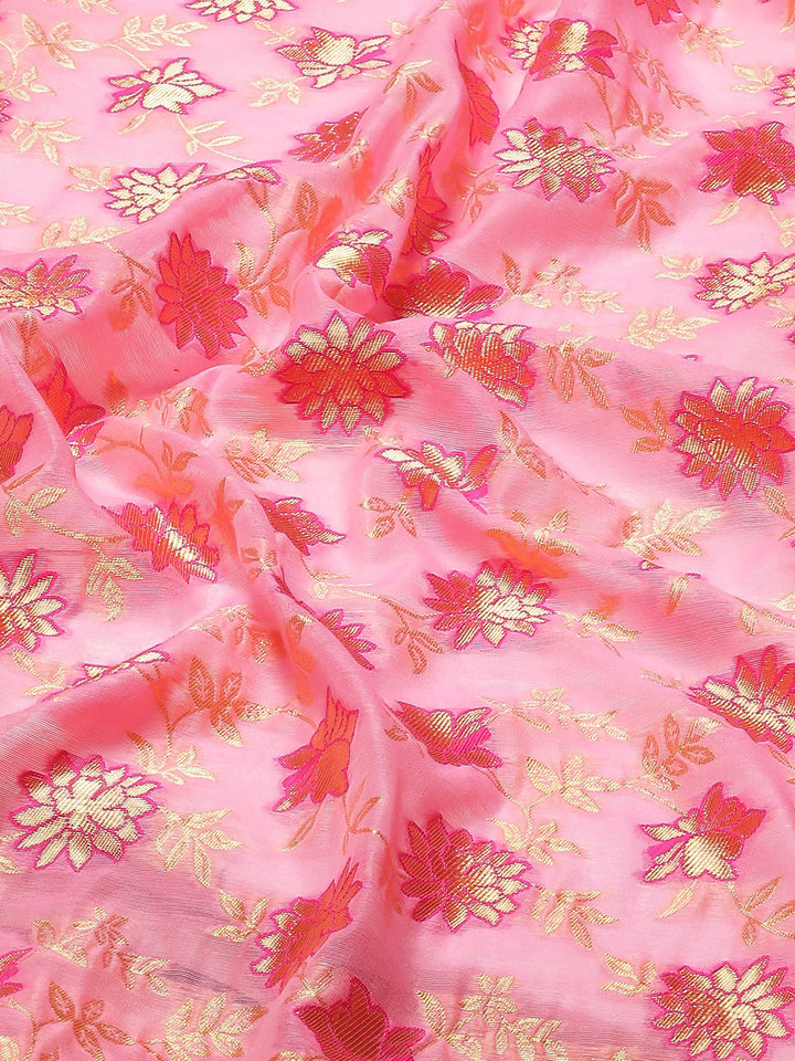Coral Banarasi Floral Woven Silk Saree & Contrast Blue Border Blouse