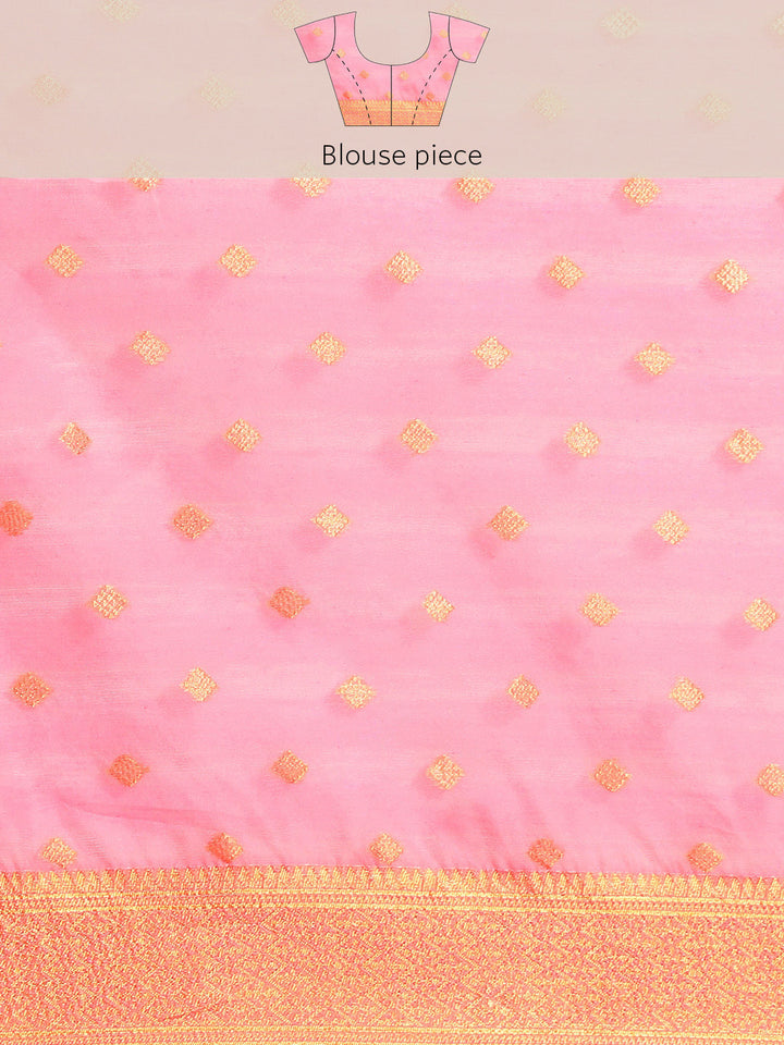 Coral Banarasi Floral Woven Silk Saree & Contrast Blue Border Blouse