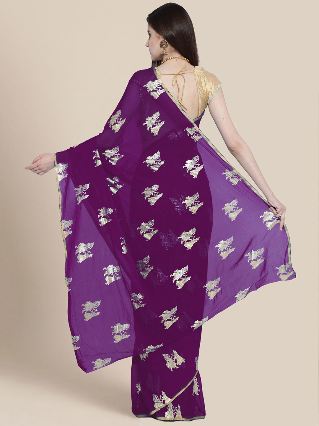 Chiffon Foil Print Party Wear Saree with Ethnic Radha Kishan Motifs