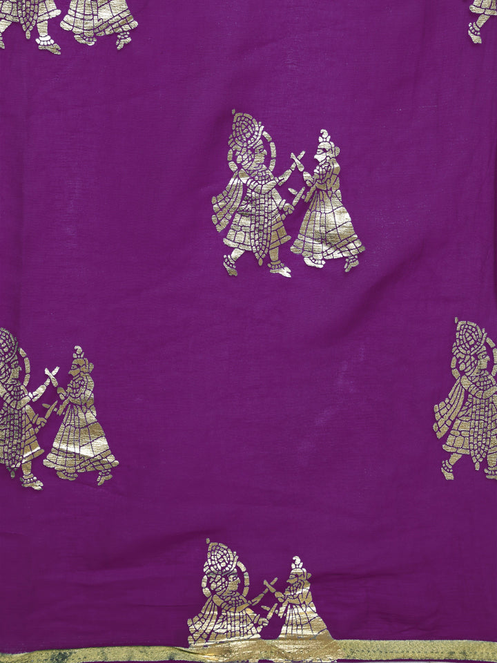 Chiffon Foil Print Party Wear Saree with Ethnic Radha Kishan Motifs