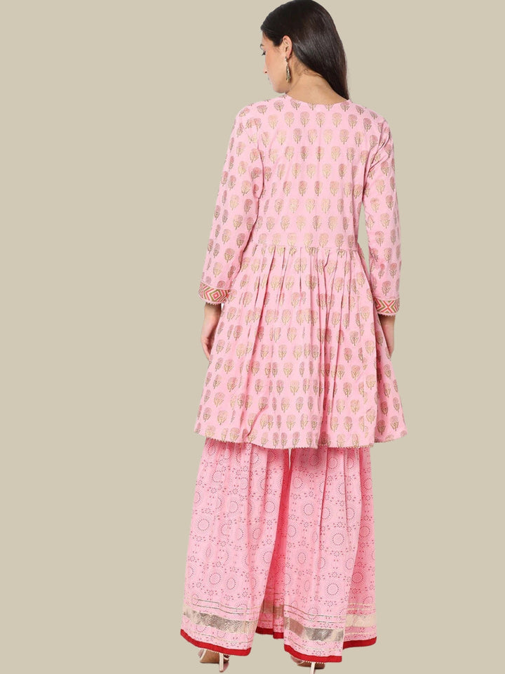 Pastel Floral Print Peplum Kurta Sharara Set with Cotton Dupatta