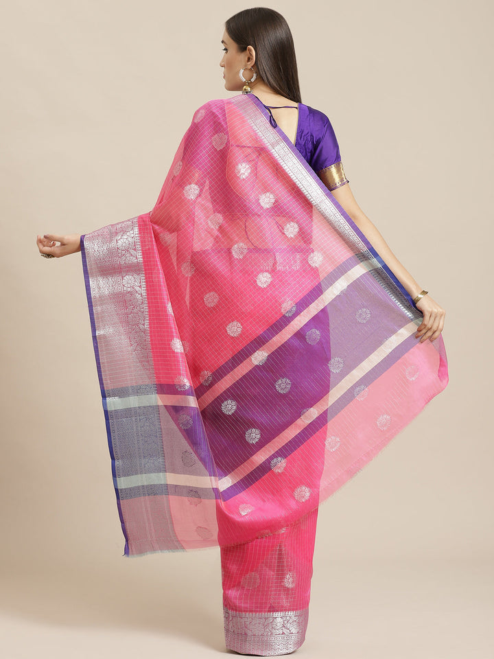 Chanderi Silk Kota saree with striped Zari weaving, Paisley motifs & Contrast Border