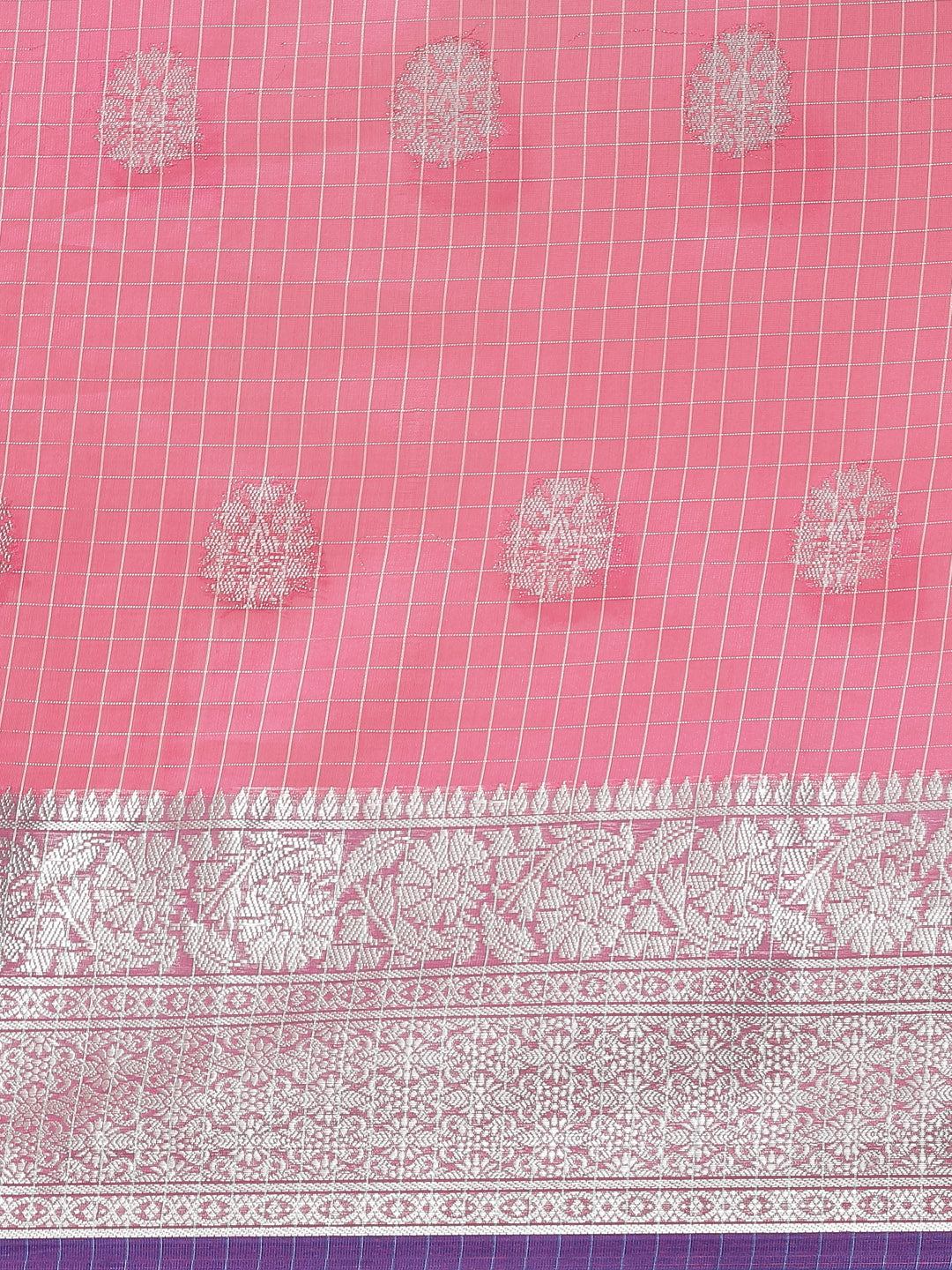 Chanderi Silk Kota saree with striped Zari weaving, Paisley motifs & Contrast Border