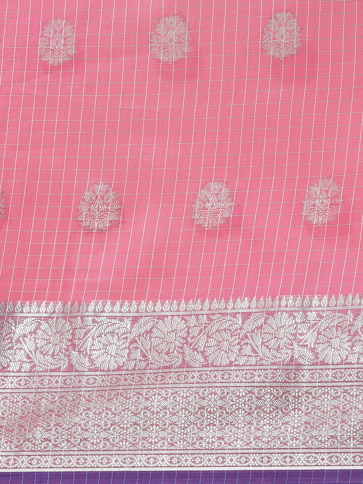 Chanderi Silk Kota saree with striped Zari weaving, Paisley motifs & Contrast Border