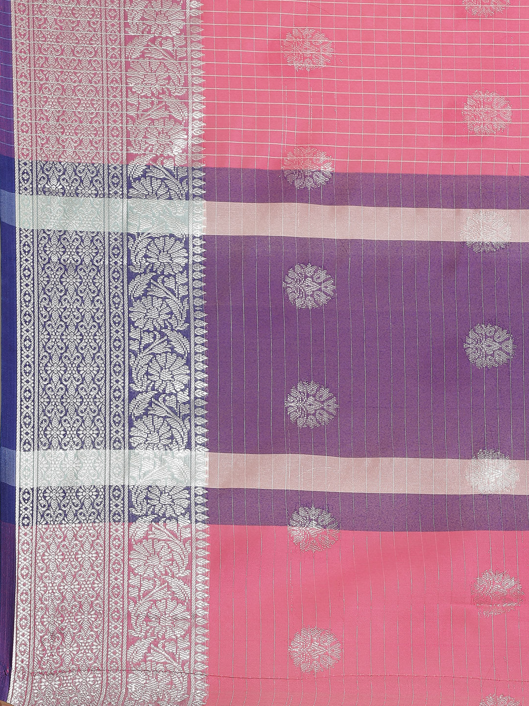 Chanderi Silk Kota saree with striped Zari weaving, Paisley motifs & Contrast Border