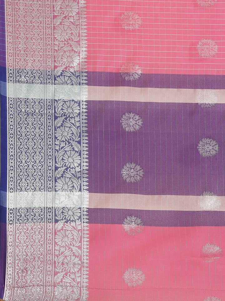 Chanderi Silk Kota saree with striped Zari weaving, Paisley motifs & Contrast Border