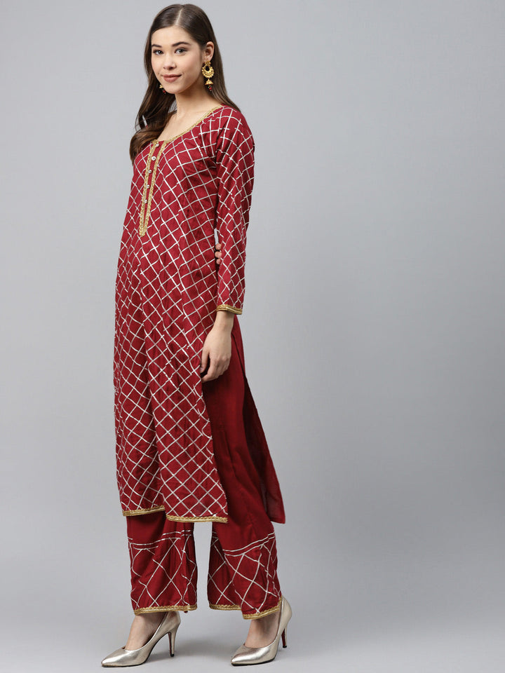 Made to Measure Maroon Kurta Pallazo Set with Gotta Patti Embroidery & Chiffon Dupatta