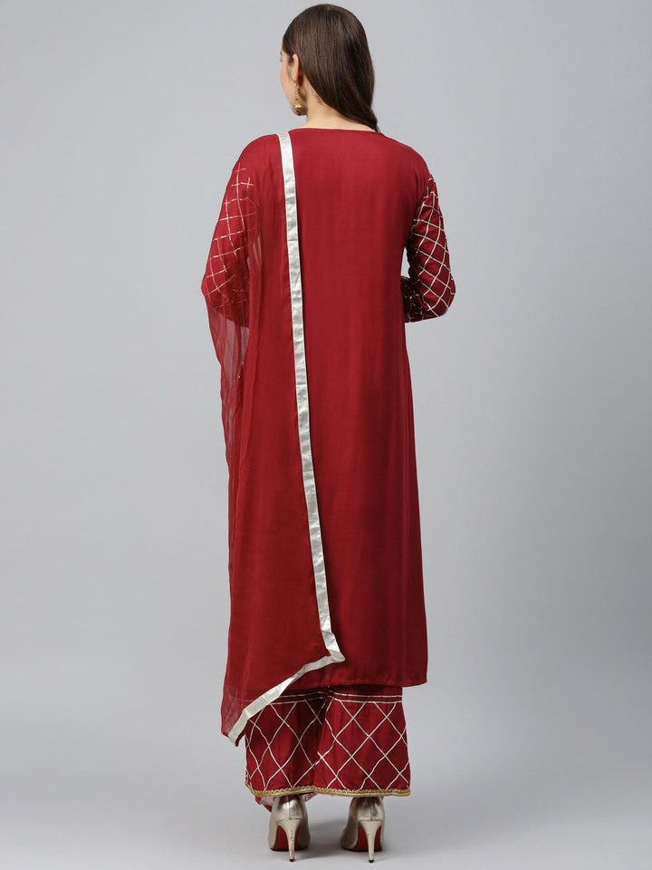 Made to Measure Maroon Kurta Pallazo Set with Gotta Patti Embroidery & Chiffon Dupatta