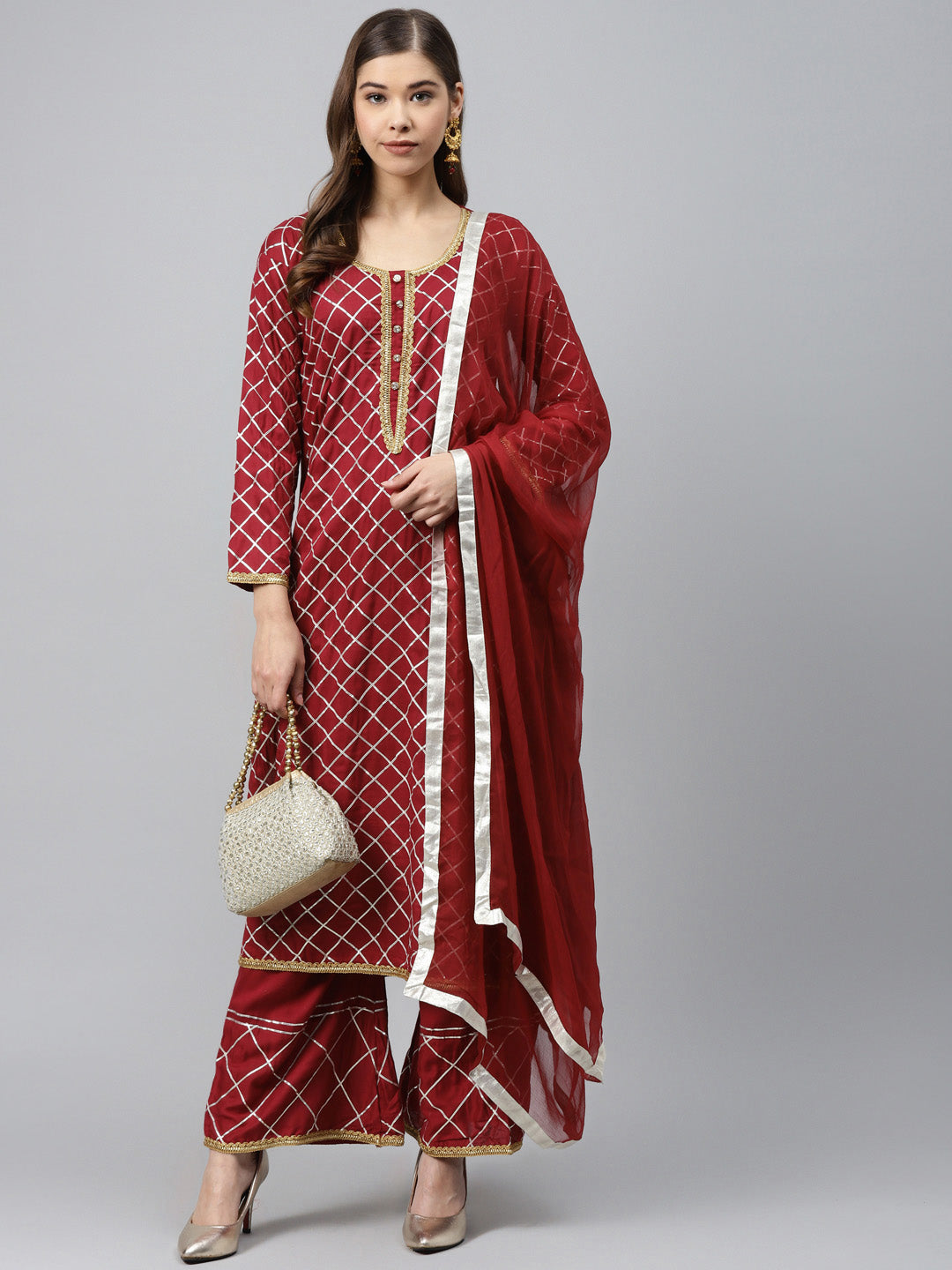 Made to Measure Maroon Kurta Pallazo Set with Gotta Patti Embroidery & Chiffon Dupatta
