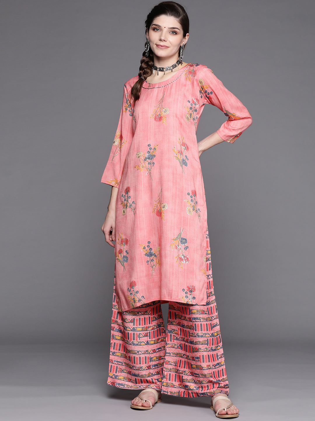 Pastel Pink Floral Digital Print Kurta Pallazo Set Embellished with Crystals