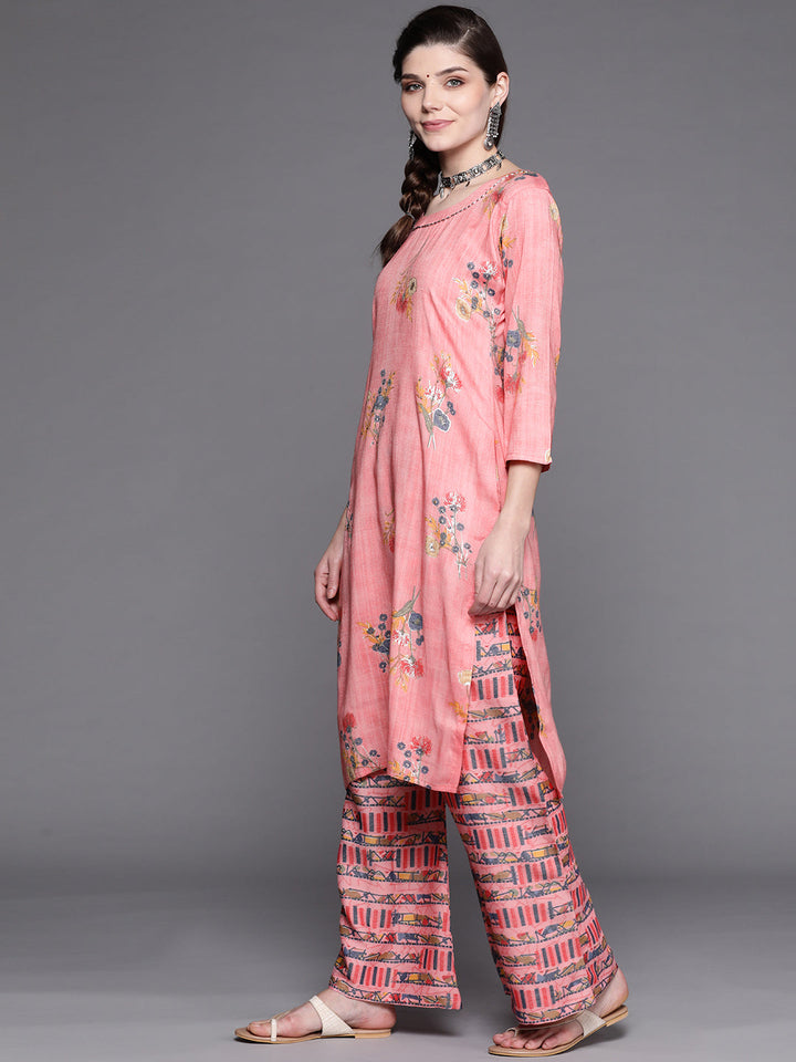 Pastel Pink Floral Digital Print Kurta Pallazo Set Embellished with Crystals
