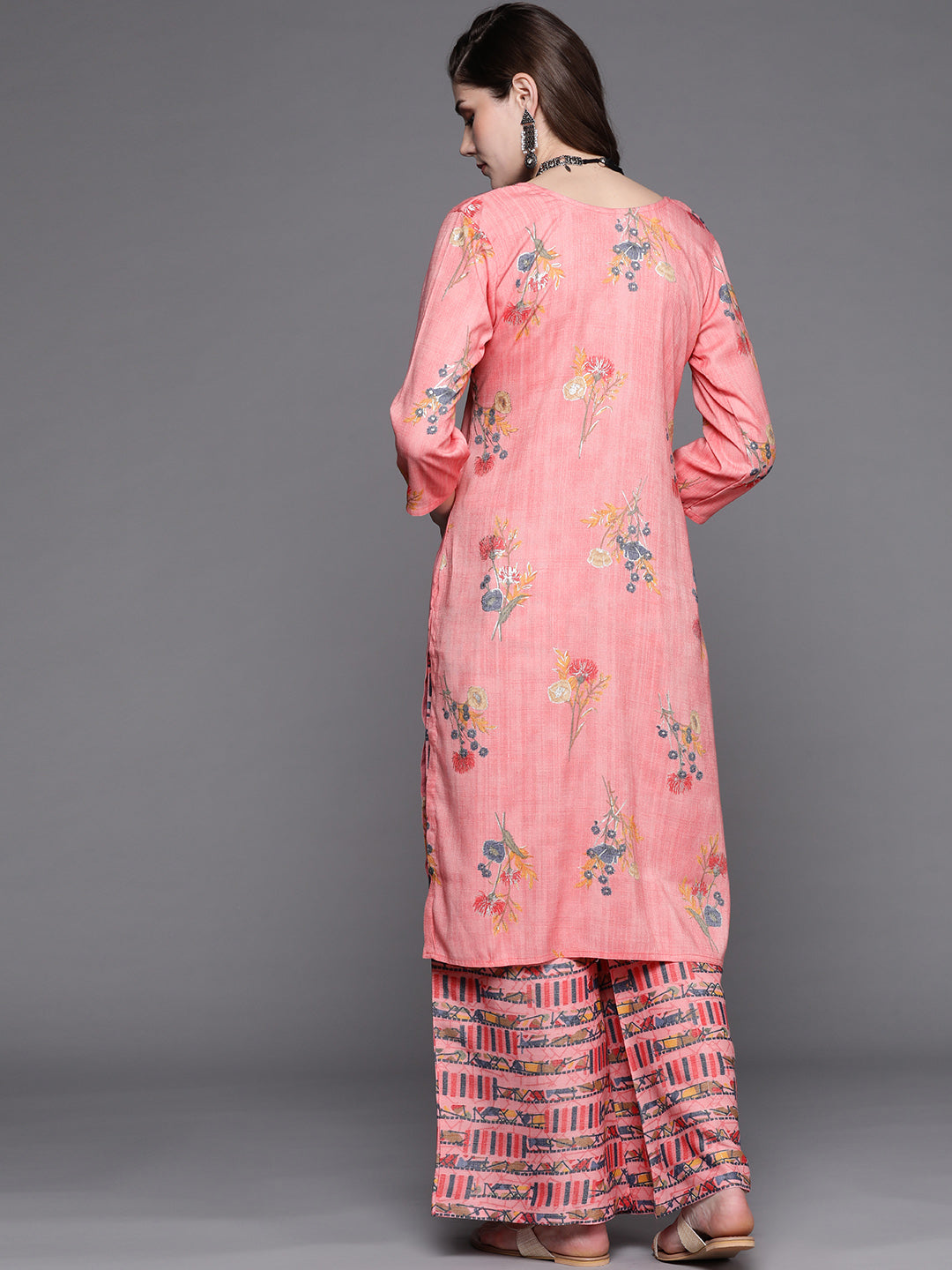 Pastel Pink Floral Digital Print Kurta Pallazo Set Embellished with Crystals