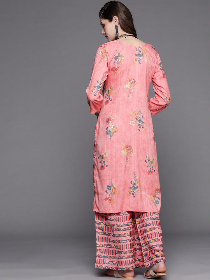 Pastel Pink Floral Digital Print Kurta Pallazo Set Embellished with Crystals